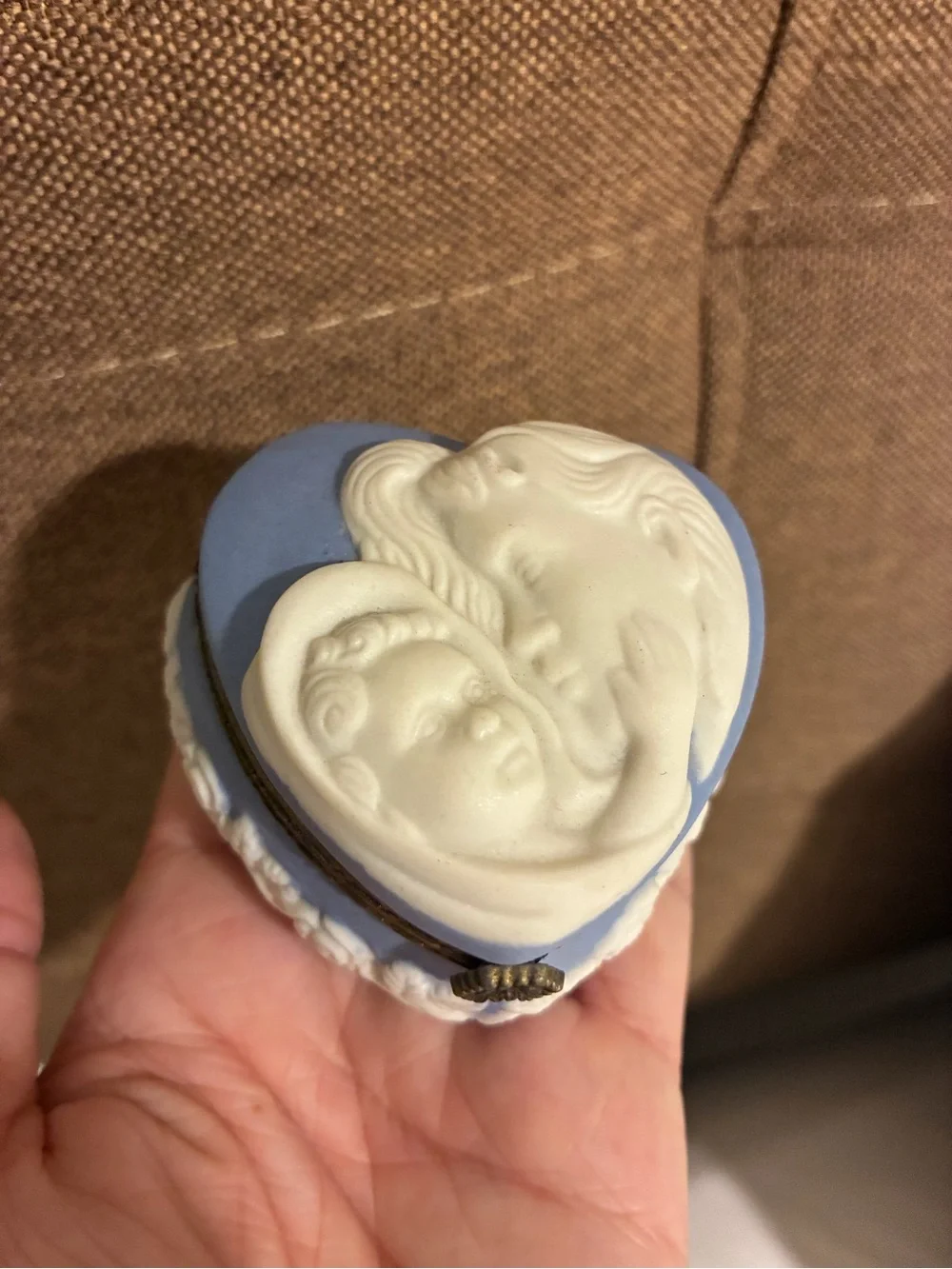 Porcelain Heart Trinket Box with Mother and Child Relief - Blue and White